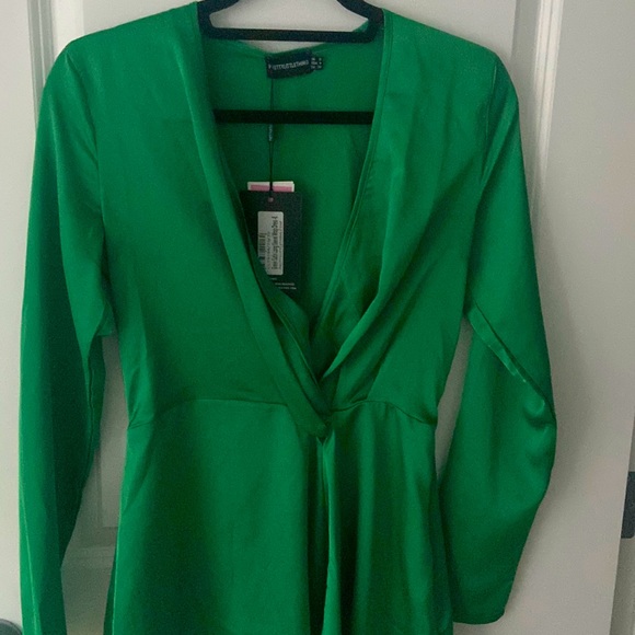 Green Satin Long Sleeve Wrap Dress - Picture 1 of 2
